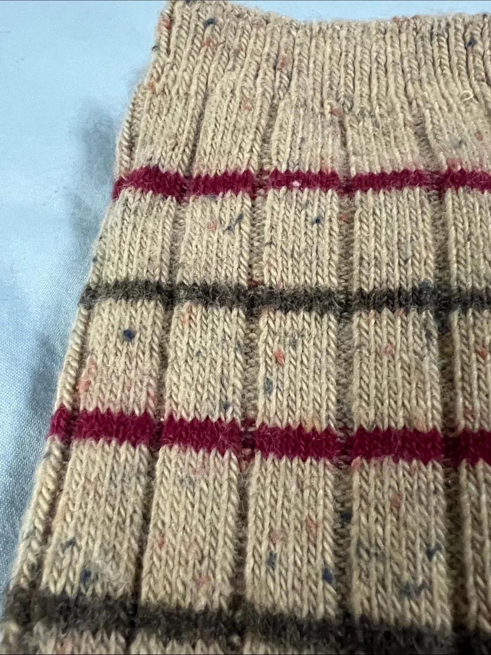 Vintage Neutral Tan Beige Cream Striped Wool Tall Crew Socks